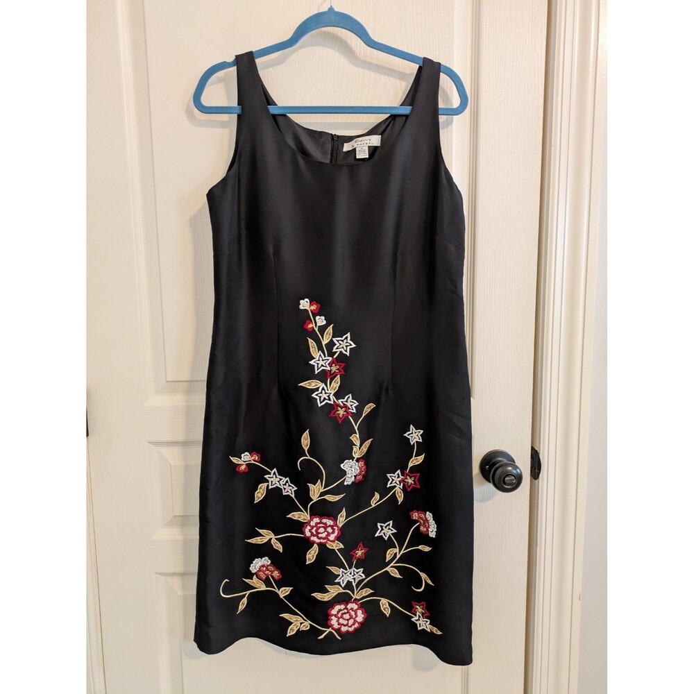 Vtg Savvy by Rafael Y2K 100% Silk Shift Dress Black Embroidered Sleeveless Sz 14